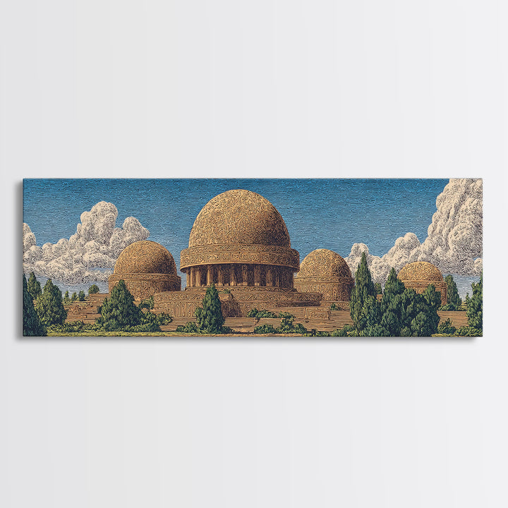 Afrofuturist Domed Village Mountains Wall Art, African Inspired Architecture Canvas Print, Teal Landscape Home Decor Gift