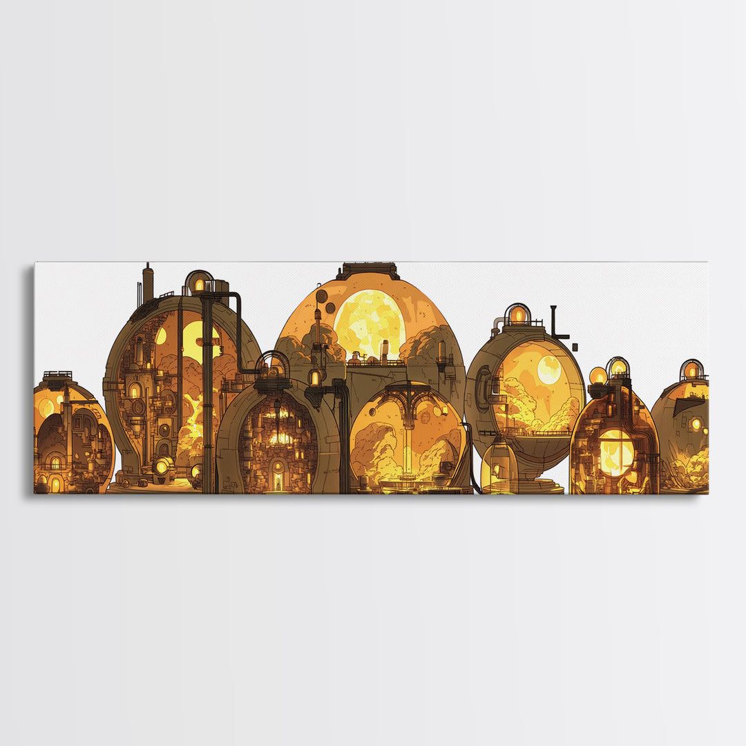 Golden Futuristic Pod Homes Canvas Print, Afrofuturism Decor, African Inspired Architecture Wall Art, Unique Home Decor Gift