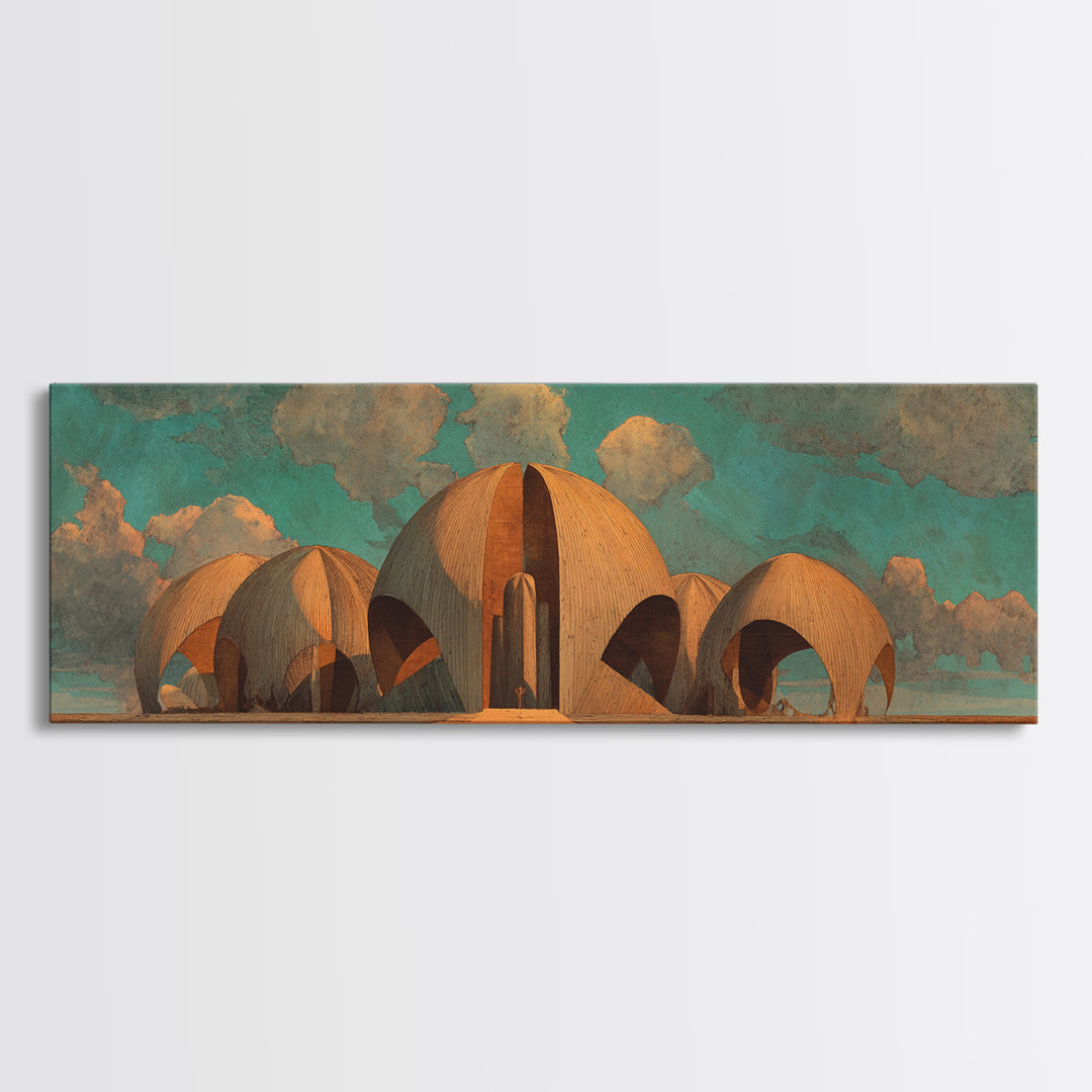 Desert Earthen Dome Sanctuary Framed Canvas Print, African Inspired Architecture Wall Art, Boho Earth Tone Home Decor Gift