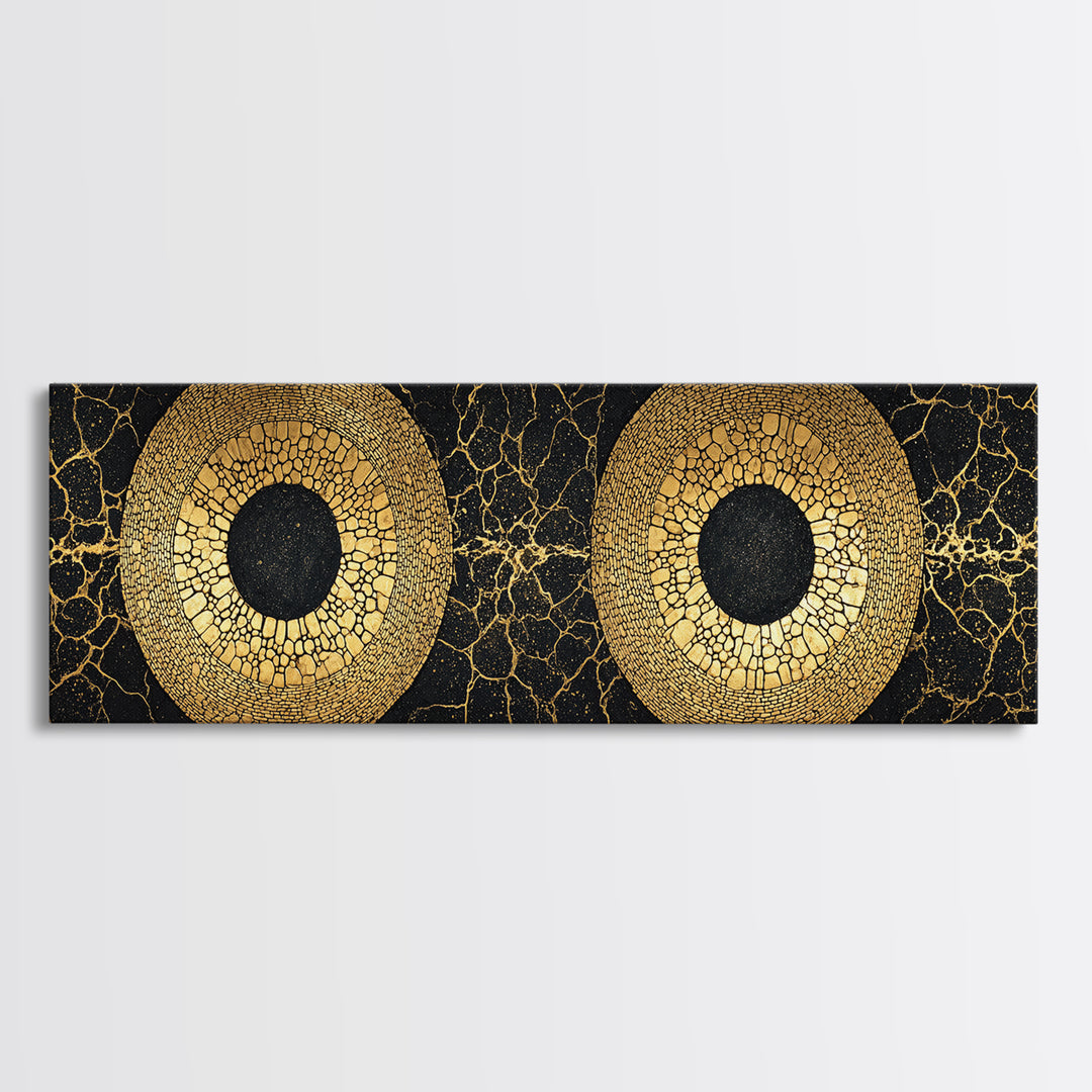 Twin Gold Mosaic Circles Wall Art, African Abstract Art, Black And Gold Canvas Print, Geometric Statement Living Room Decor