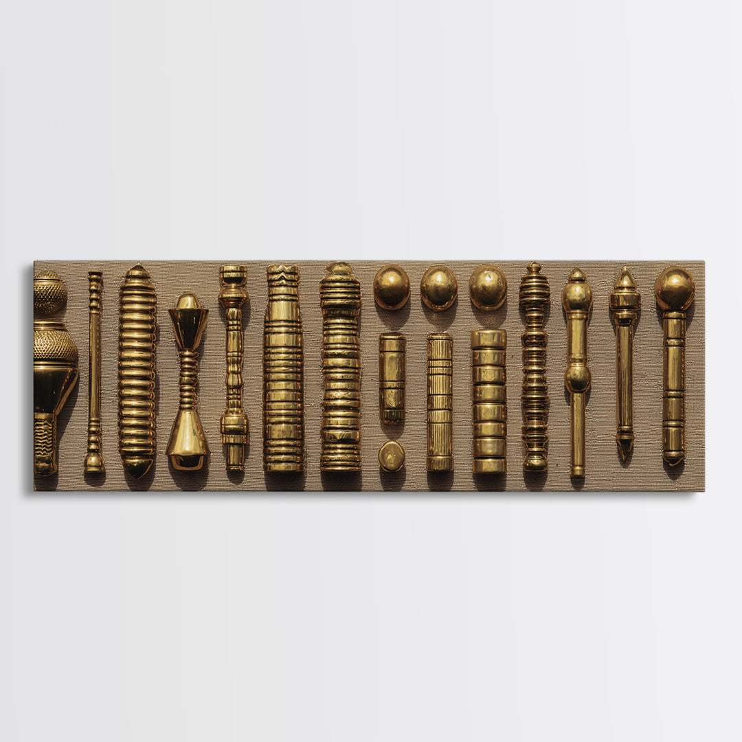 Antique Brass Tribal Objects Wall Art, African Decor, Cultural Art Print, Gold Textile Canvas Print For Eclectic Home Decor