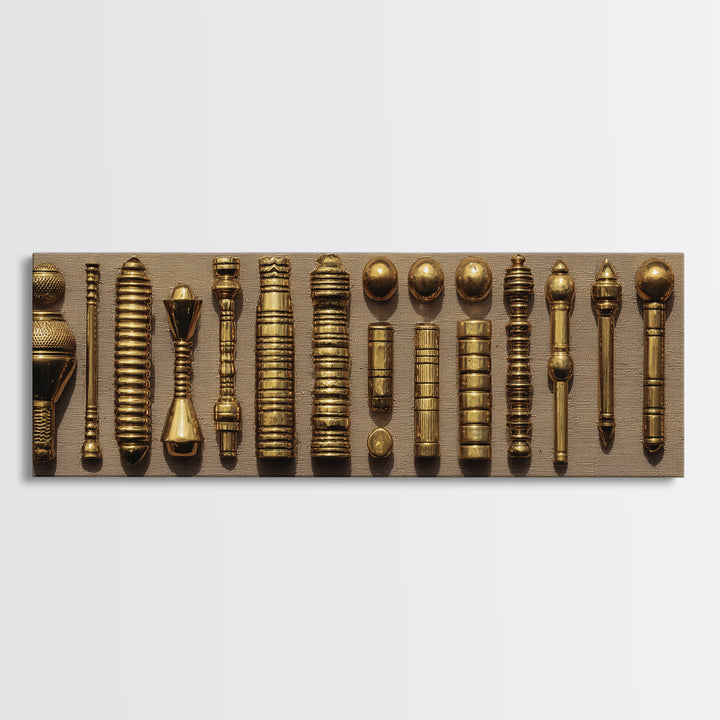 Antique Brass Tribal Objects Wall Art, African Decor, Cultural Art Print, Gold Textile Canvas Print For Eclectic Home Decor