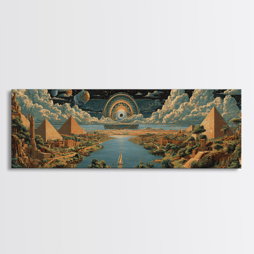 Surreal Egyptian Pyramids And Cosmic Eye Canvas Print African Landscape Art Ancient Egypt Wall Decor Mystical Travel Poster