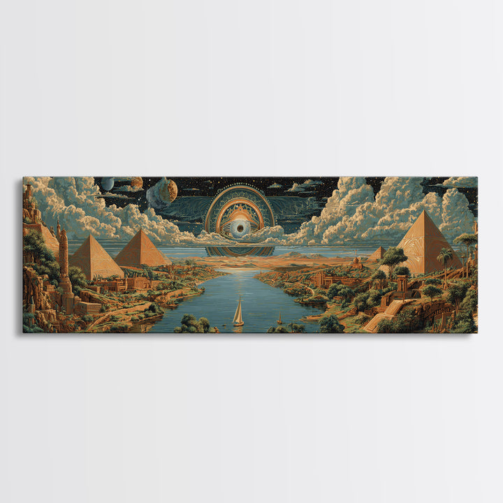 Surreal Egyptian Pyramids And Cosmic Eye Canvas Print African Landscape Art Ancient Egypt Wall Decor Mystical Travel Poster