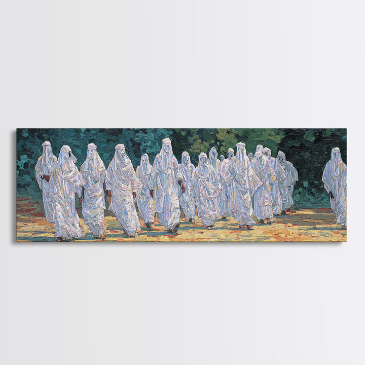 White Robed Desert Procession Wall Art African Painting Spiritual Wall Decor Textured Canvas Art Cultural Landscape Print