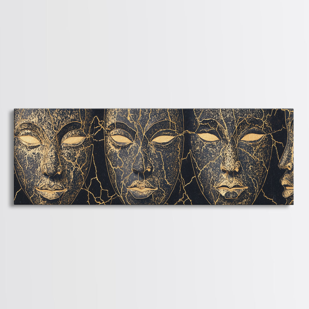 Black And Gold Cracked Mask Faces Framed Canvas Print, African Tribal Art, Elegant Afrocentric Wall Decor, Luxury Home Decor