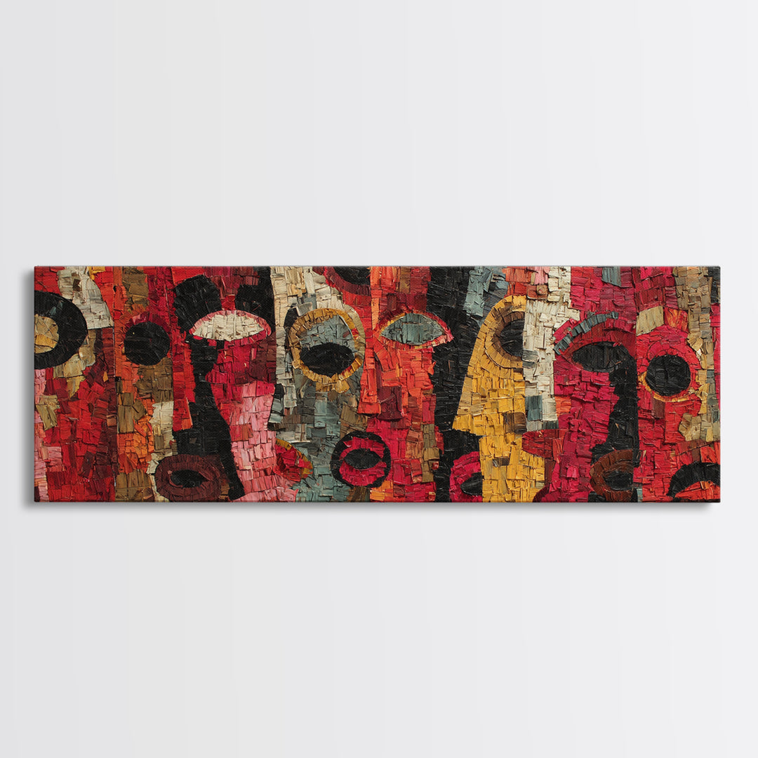 Red Mosaic Tribal Mask Faces Wall Art, Abstract African Art Decor, Bold Cultural Canvas Print, Vibrant Ethnic Home Decor