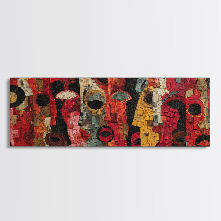 Red Mosaic Tribal Mask Faces Wall Art, Abstract African Art Decor, Bold Cultural Canvas Print, Vibrant Ethnic Home Decor