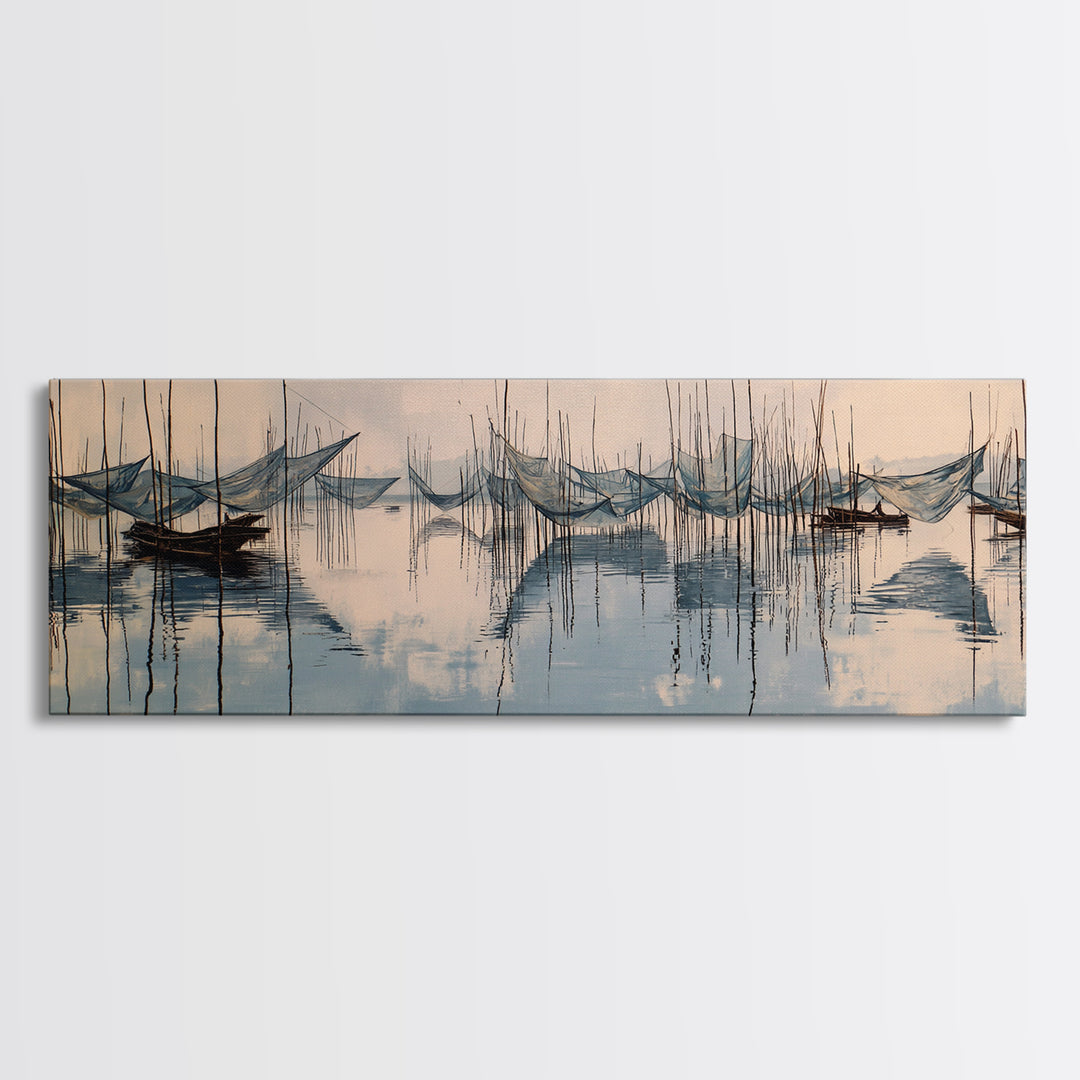 Misty African Fishing Boats On Calm Water Canvas Print, Minimalist Blue Wall Art, Serene Landscape Decor, Peaceful Home Gift