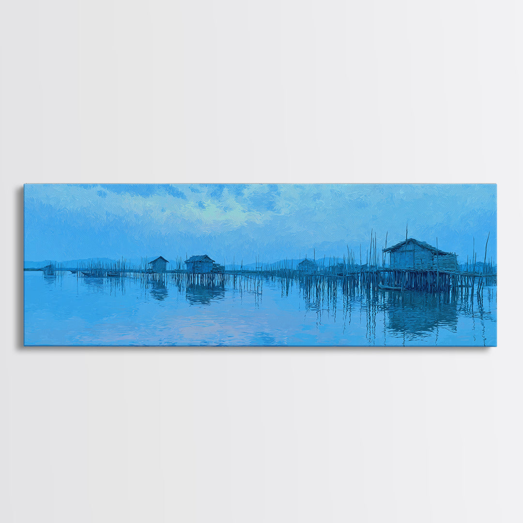 Blue Stilt Village Over Water Framed Canvas Print, Minimalist African Landscape Wall Art, Coastal Home Decor, Serene Gift