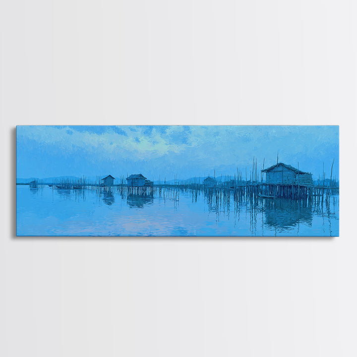 Blue Stilt Village Over Water Framed Canvas Print, Minimalist African Landscape Wall Art, Coastal Home Decor, Serene Gift