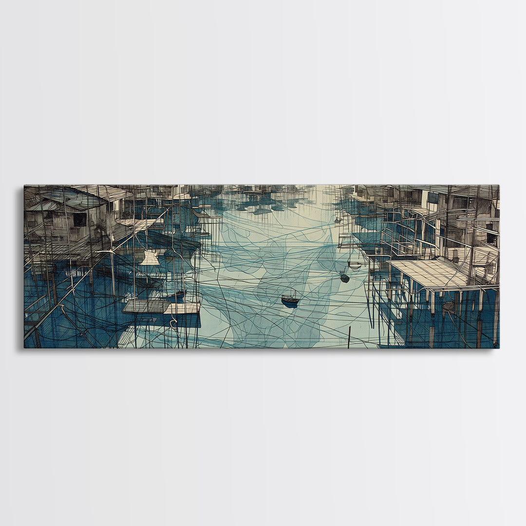 Rustic Stilt Fishing Village Harbor Wall Art, Blue Coastal Landscape Canvas Print, Nautical Decor, Large Living Room Art