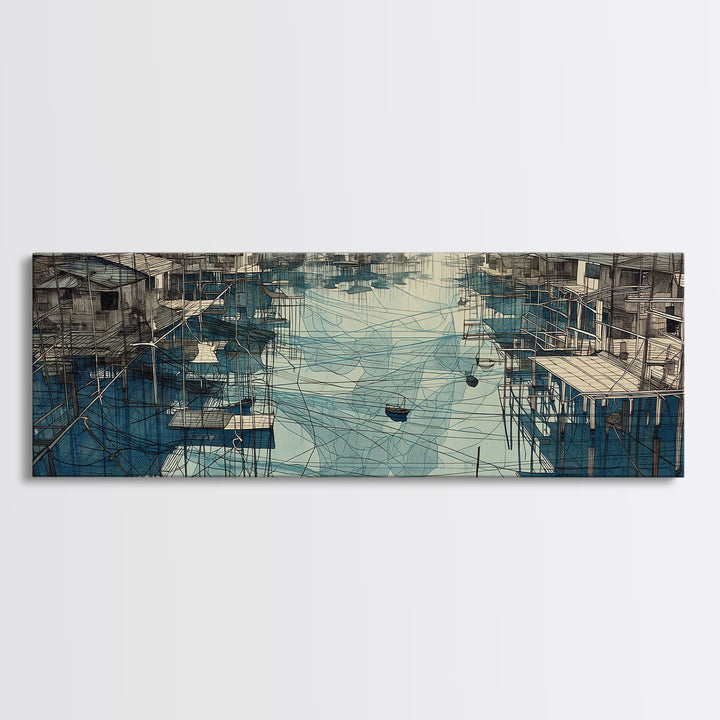 Rustic Stilt Fishing Village Harbor Wall Art, Blue Coastal Landscape Canvas Print, Nautical Decor, Large Living Room Art