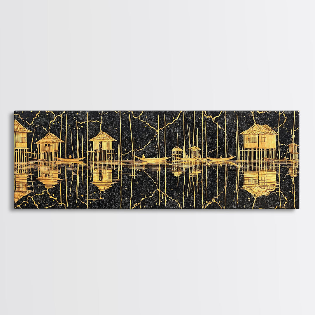 Gold Stilt Hut Reflections On Black Wall Art, Abstract Coastal Canvas Print, Luxury Modern Decor, Statement Living Room Art