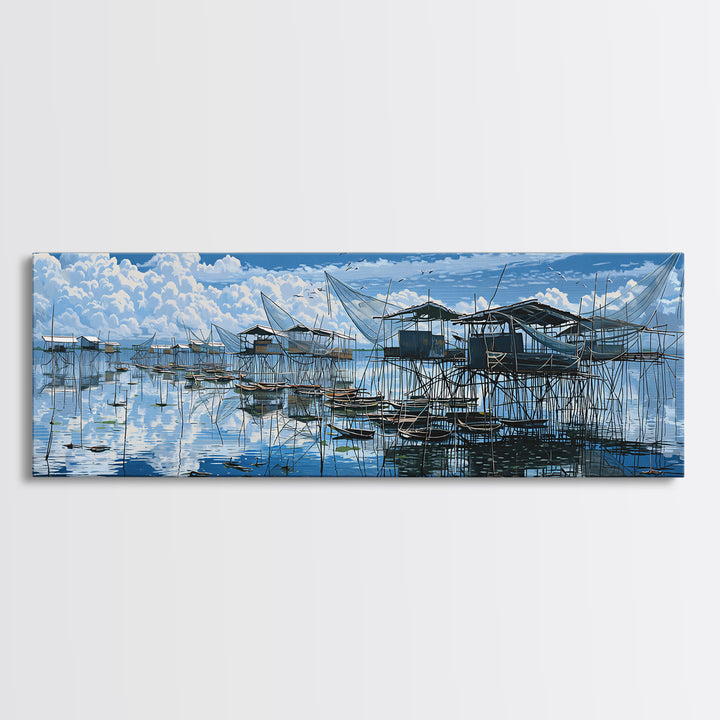 Blue Stilt Fishing Village Panorama Wall Art, Coastal Canvas Print, Bright Seascape Decor, Large Nautical Living Room Art