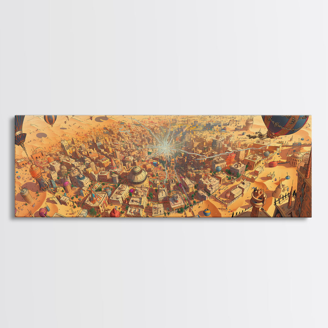 Sunlit Desert Fantasy City With Hot Air Balloons Wall Art, Golden Canvas Print, Vibrant Travel Decor For Living Room Art