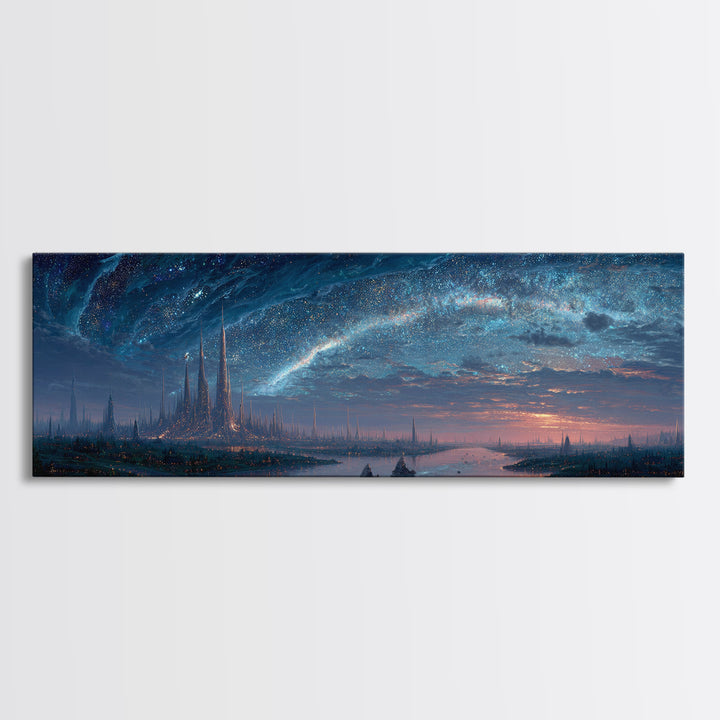 Starry Night River City Skyline Wall Art, Blue Fantasy Canvas Print, Dreamy Galaxy Decor, Large Modern Living Room Art Print