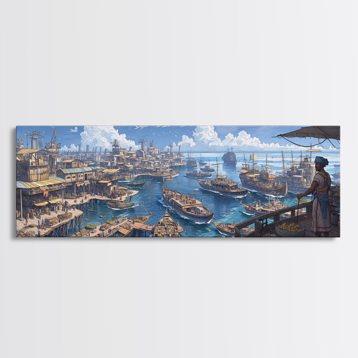 Busting Coastal Canal Market Panorama Wall Art, Blue Harbor Canvas Print, Mediterranean Style Decor, Large Living Room Art
