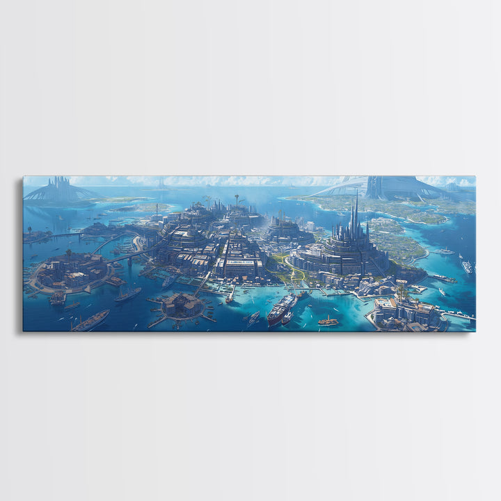 Futuristic Island Harbor City Aerial Wall Art, Turquoise Canvas Print, Epic Coastal Landscape Decor, Large Modern Wall Art