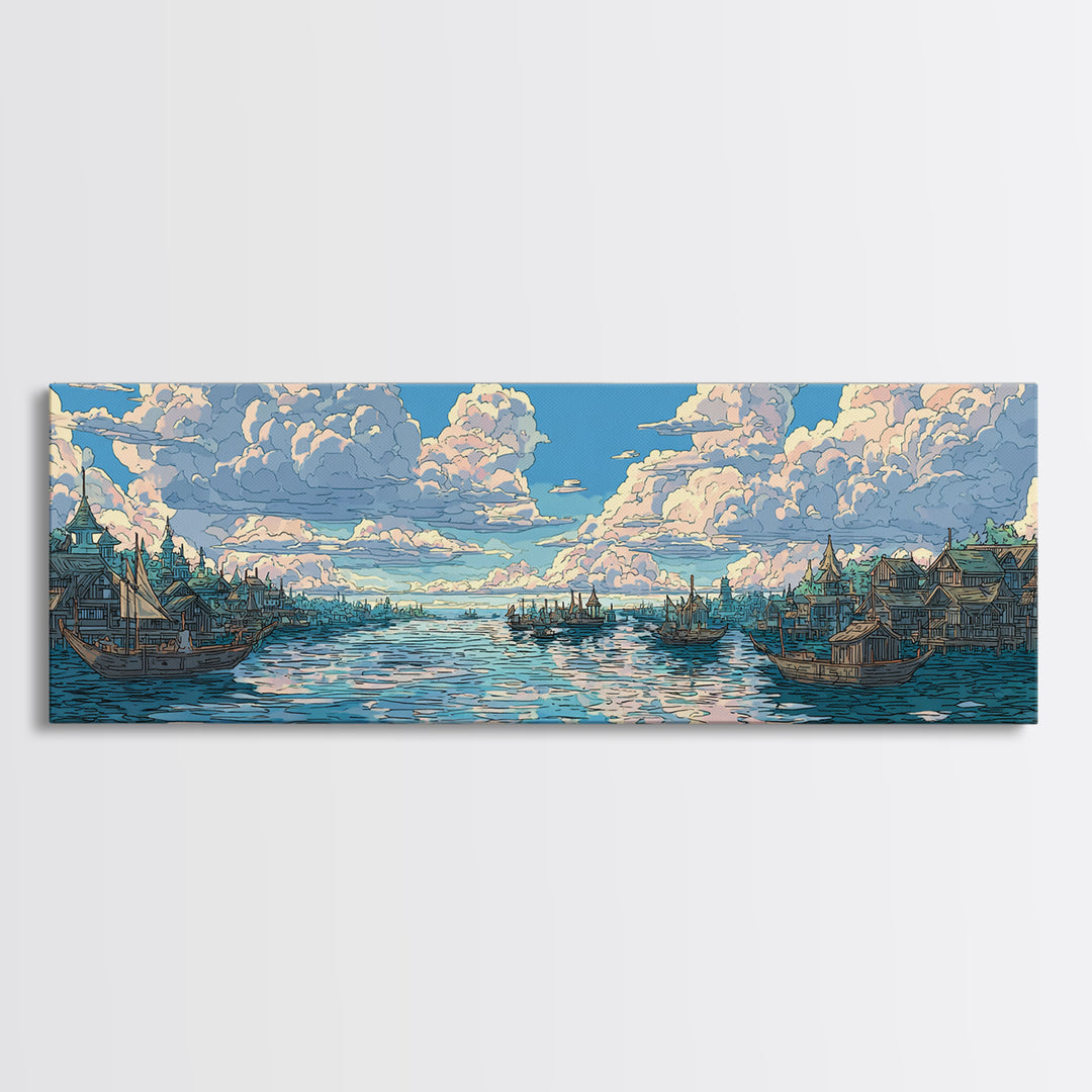 Cloud Filled Harbor Village And Calm Sea Wall Art, Pastel Blue Canvas Print, Coastal Home Decor, Large Living Room Art Print