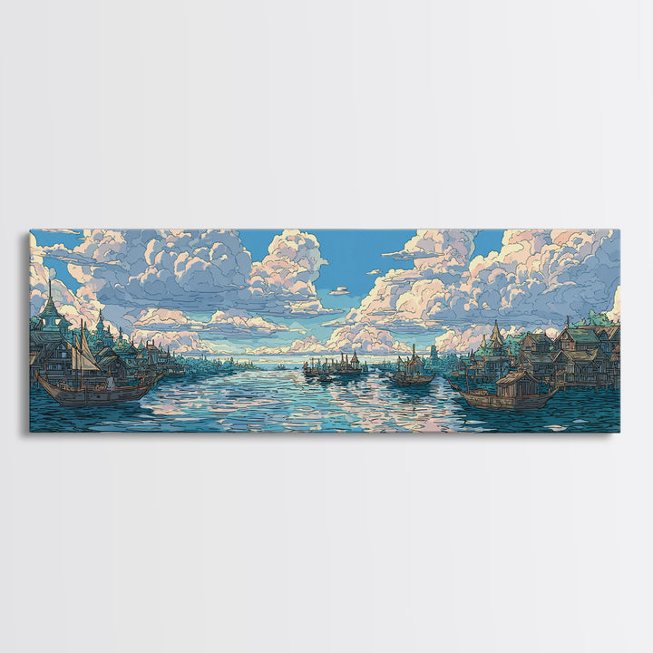 Cloud Filled Harbor Village And Calm Sea Wall Art, Pastel Blue Canvas Print, Coastal Home Decor, Large Living Room Art Print