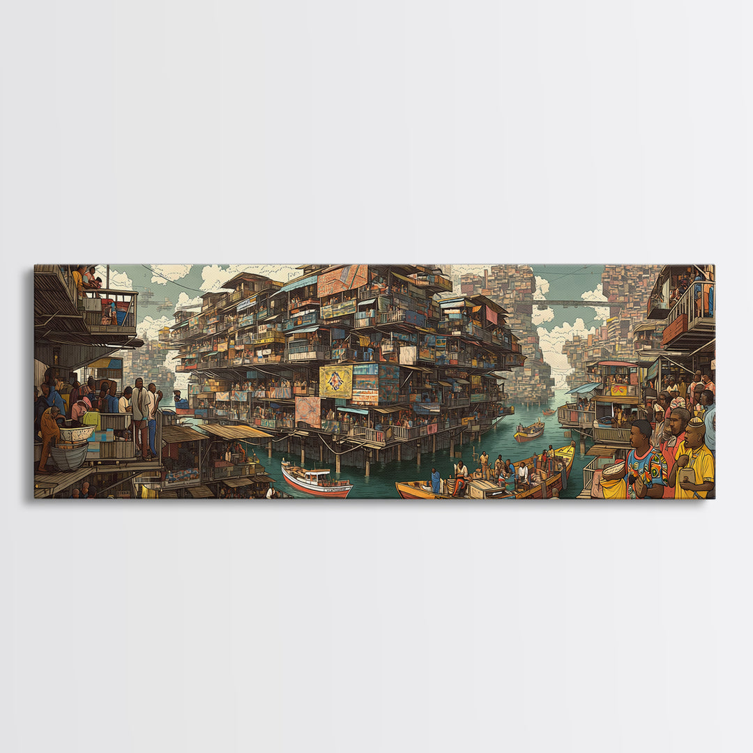 Vibrant Floating African Canal City Wall Art, Afrocentric Market Boats, Cultural Waterfront Decor, Panoramic Canvas Print
