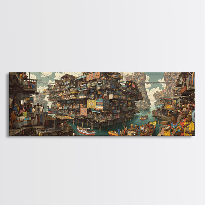 Vibrant Floating African Canal City Wall Art, Afrocentric Market Boats, Cultural Waterfront Decor, Panoramic Canvas Print
