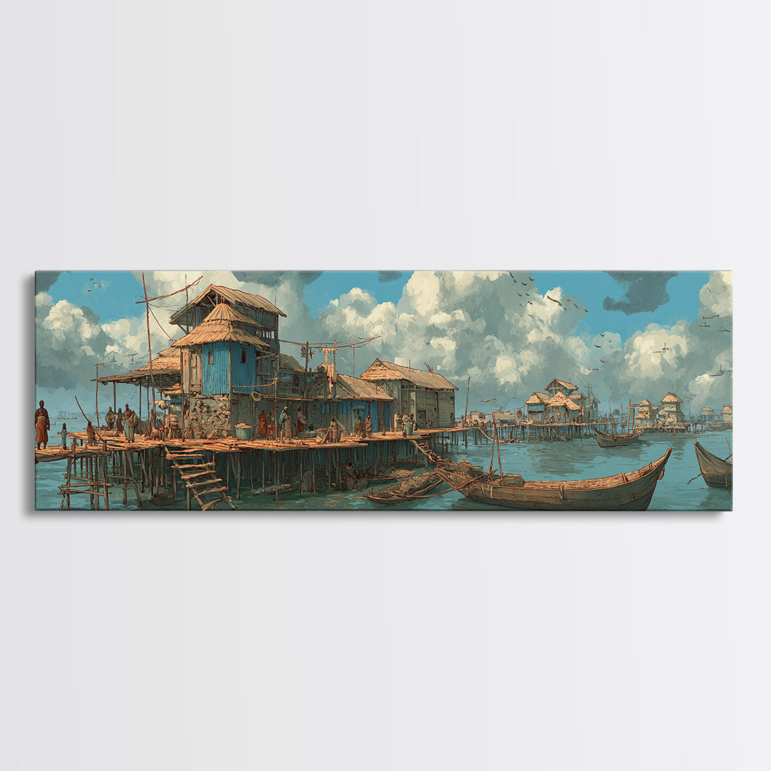 Serene African Stilt Fishing Village Canvas Print, Lagoon Boats, Coastal Culture Wall Decor, Peaceful Blue Water Panoramic Art