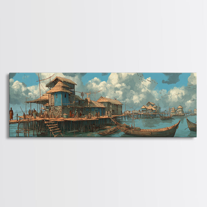 Serene African Stilt Fishing Village Canvas Print, Lagoon Boats, Coastal Culture Wall Decor, Peaceful Blue Water Panoramic Art