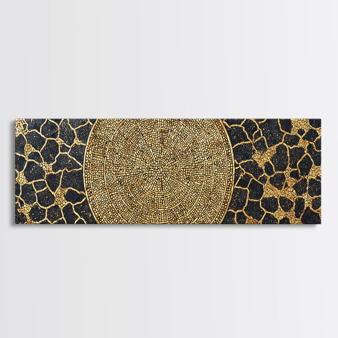 Gold African Mosaic Mandala Canvas Print, Cracked Black Texture, Luxury Abstract Wall Art, Elegant Afrocentric Home Decor