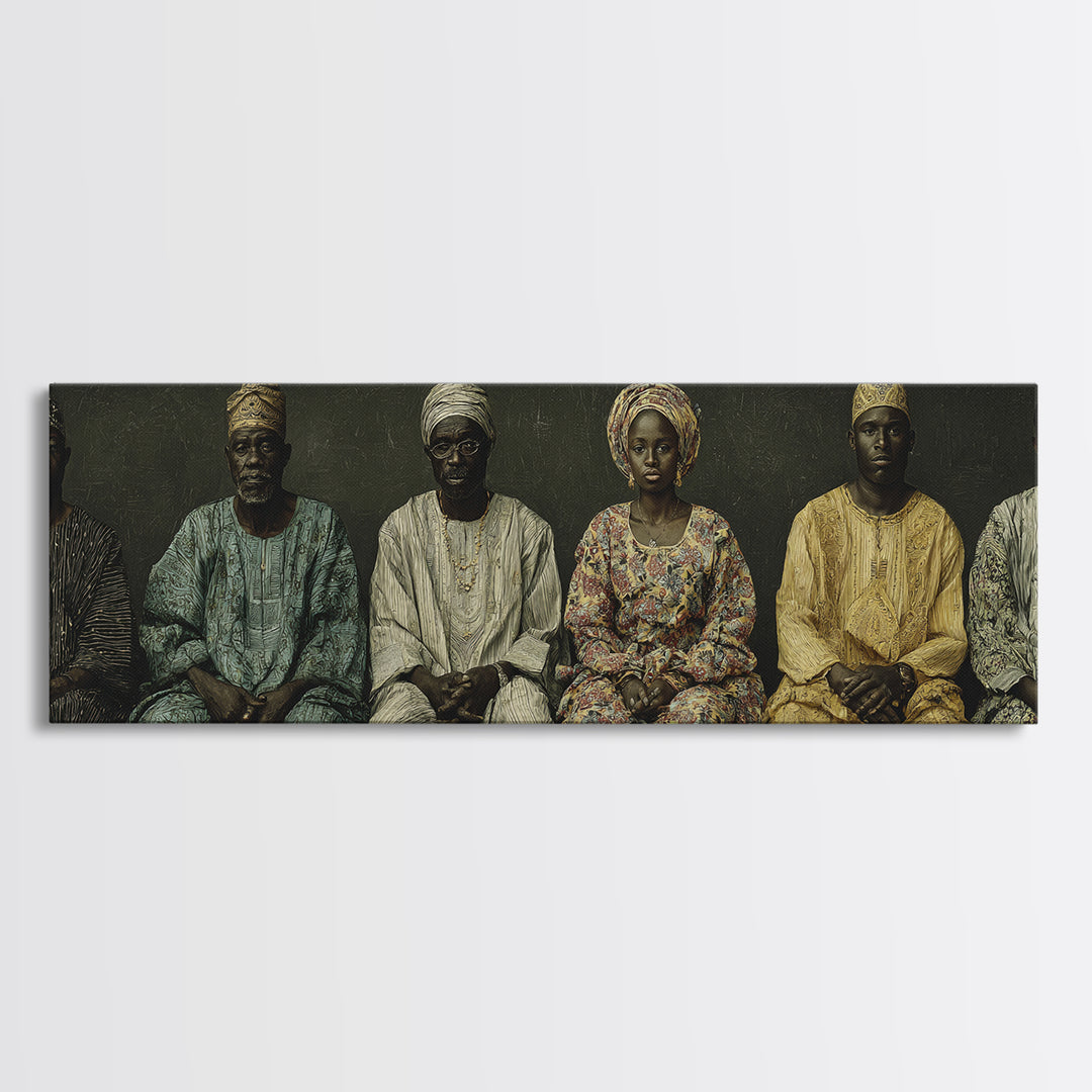 Elegant Seated African Royal Family Wall Art, Traditional Robes, Black Heritage Portrait, Afrocentric Framed Canvas Print