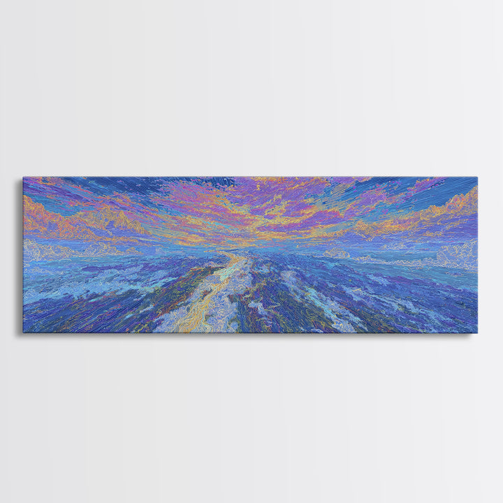 Dreamy Blue Abstract African Landscape Wall Art, Ocean Path Sunset, Textured Modern Canvas Print, Serene Home Decor Gift