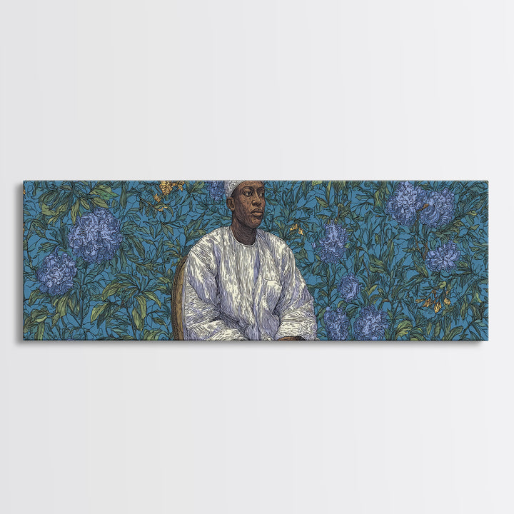 Contemplative African Man Floral Portrait Wall Art, Blue Botanical Pattern, Cultural Framed Canvas Print, Elegant Home Decor