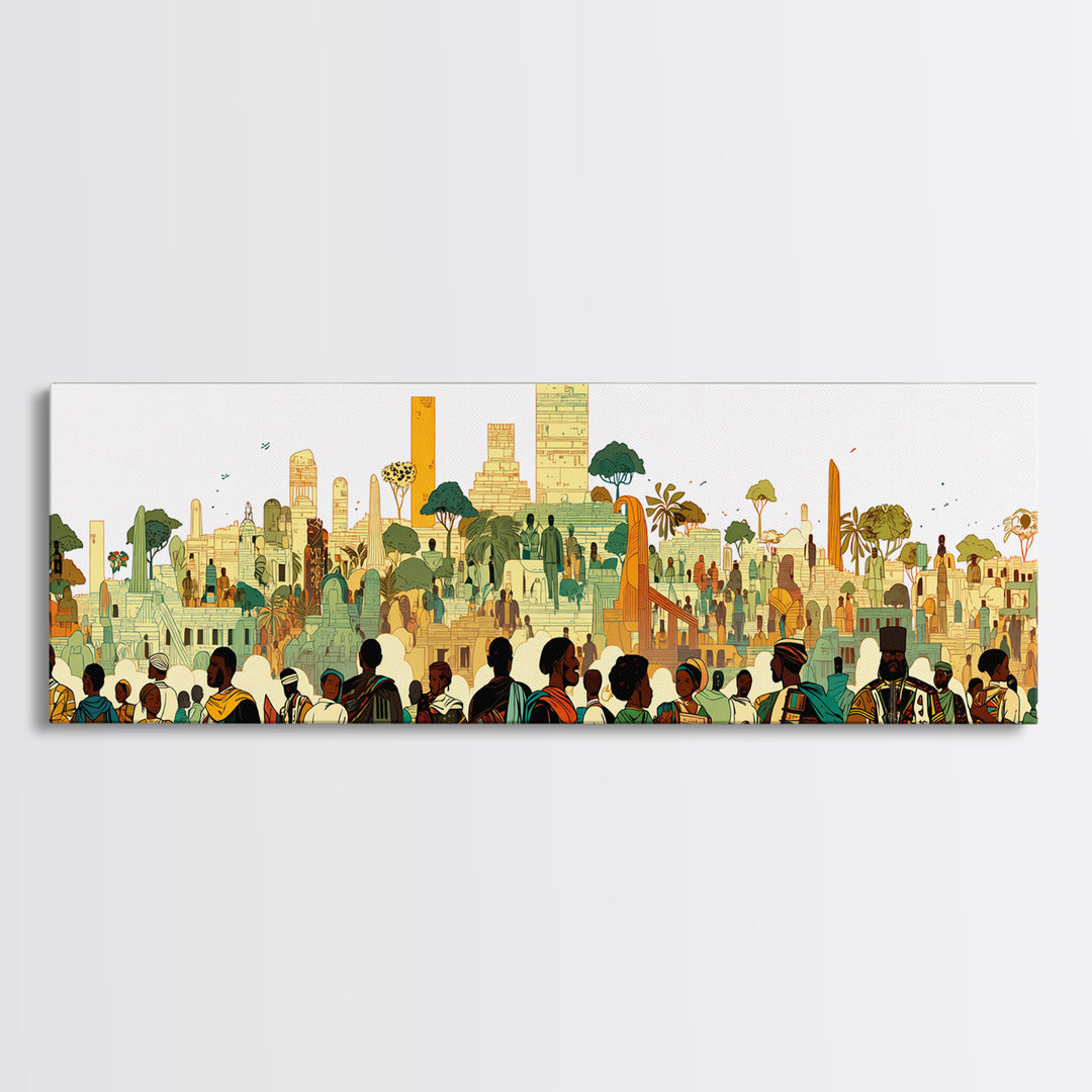 Afrofuturist African City Crowd With Skyline Wall Art, Modern African Art Print, Black Culture Decor, Urban Living Room Gift