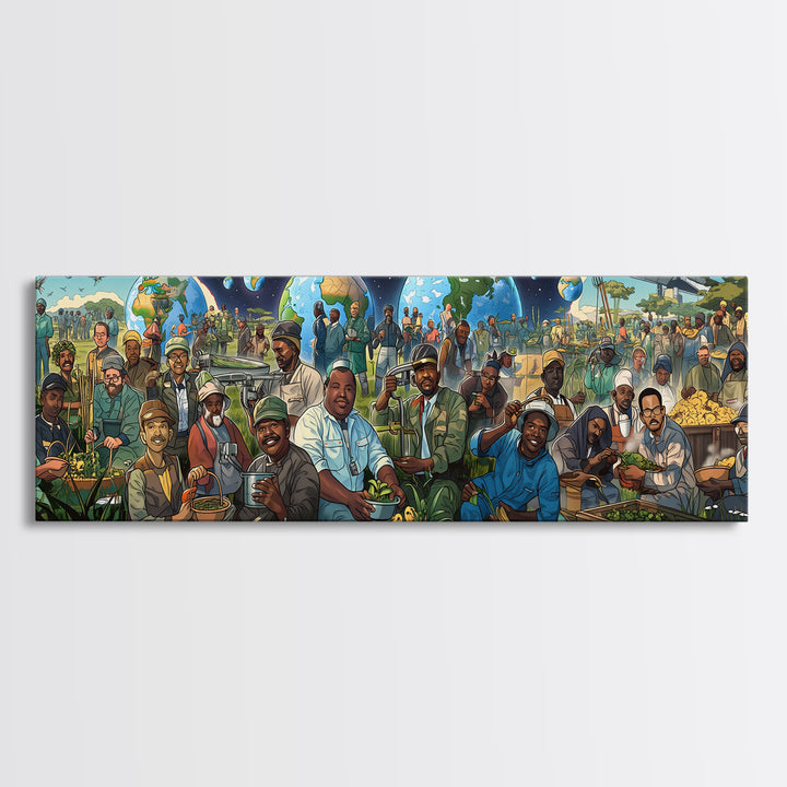 Joyful African Community Feast With Globes Canvas Print, Afrocentric Wall Art, Black Culture Decor, Food Market Kitchen Gift