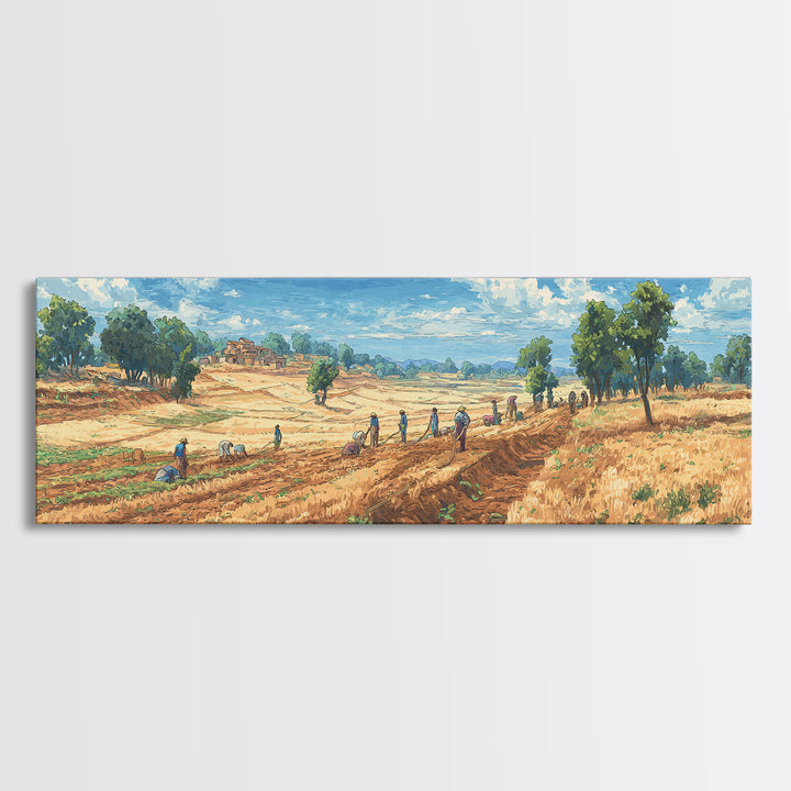 Rural African Farmers Working Golden Fields Wall Art, African Landscape Canvas Print, Safari Decor, Nature Painting Gift