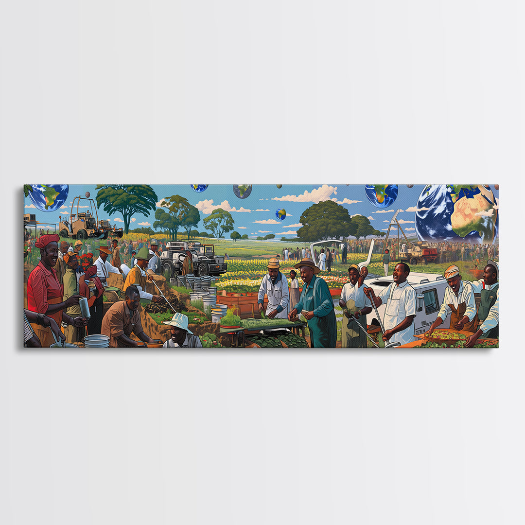 Futuristic African Farmers And Market Globes Canvas Print, Afrocentric Wall Art, Black Culture Decor, Vibrant Living Room Gift