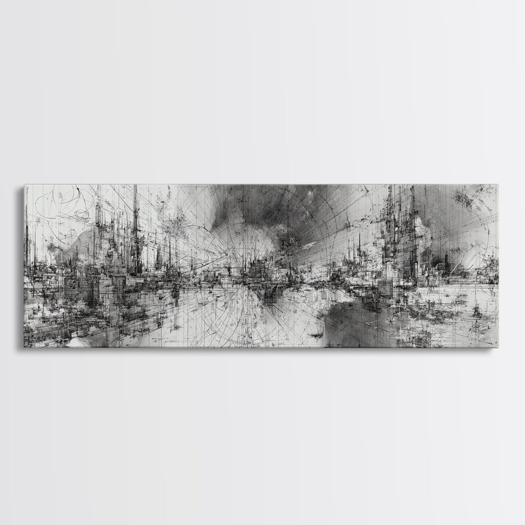 Black And White Abstract City Skyline Wall Art, Modern Canvas Print, Minimalist Office Decor, Urban Gallery Statement Gift