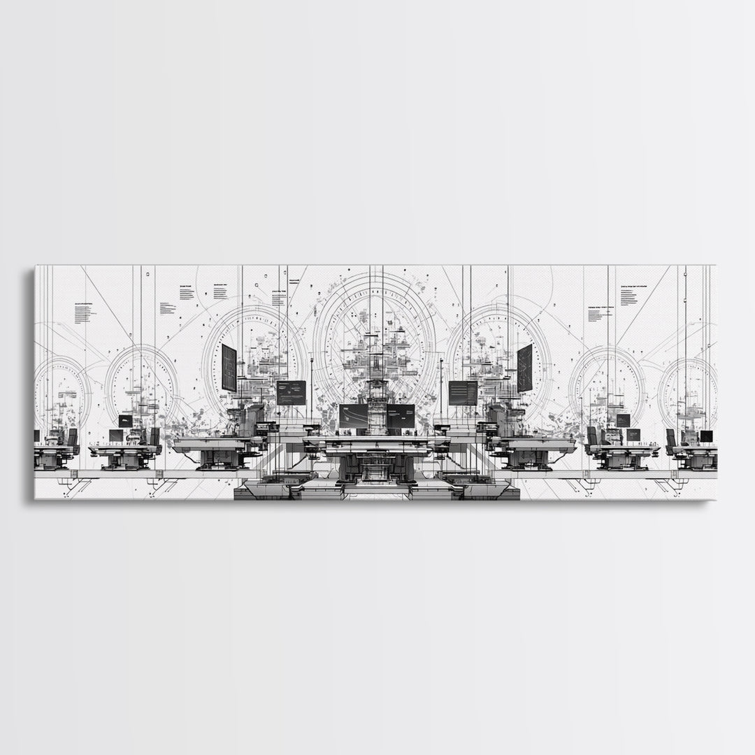 Black White Futuristic Control Room Framed Canvas Print, Modern Wall Art, Office Decor, Geometric Schematic Tech Art Gift