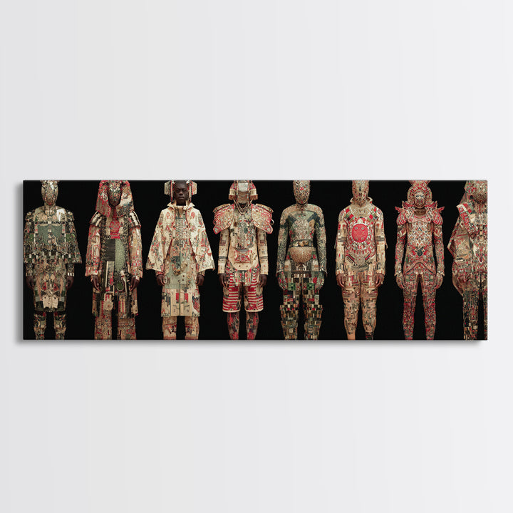 Ornate Masked African Warrior Lineup Canvas Print, African Tribal Art, African Mask Art, Bold Home Decor, Cultural Wall Art