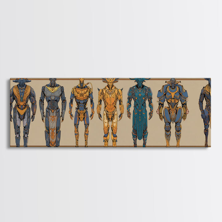Horned Mythic Armored Warriors Framed Canvas Print, African Warrior Art, Tribal Art Decor, Modern African Art, Bold Wall Decor