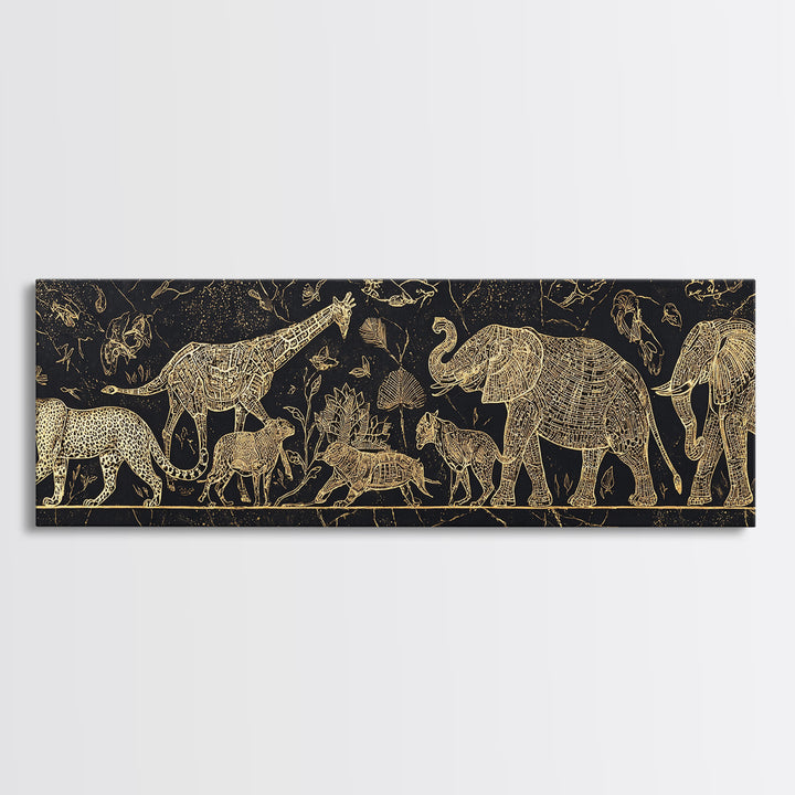 Gold Safari Animals On Black Wall Art, African Elephant, African Giraffes, Jungle African, Luxury Canvas Art, Safari Decor