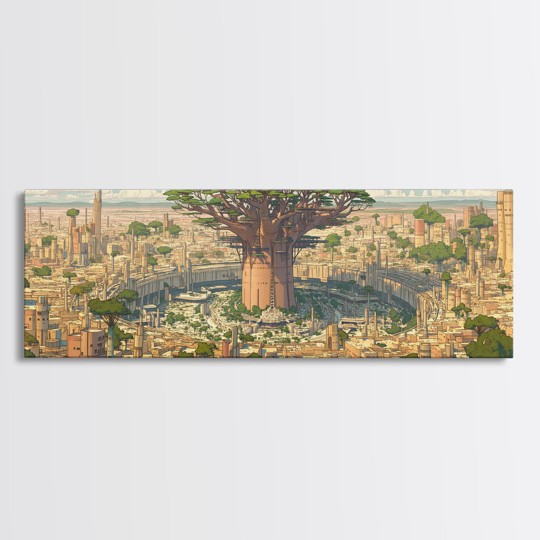 Giant Baobab Futuristic African City Wall Art, Panoramic Afrocentric Landscape Print, Modern Safari Decor Gift, Living Room Decor