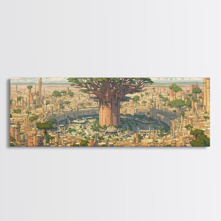 Giant Baobab Futuristic African City Wall Art, Panoramic Afrocentric Landscape Print, Modern Safari Decor Gift, Living Room Decor