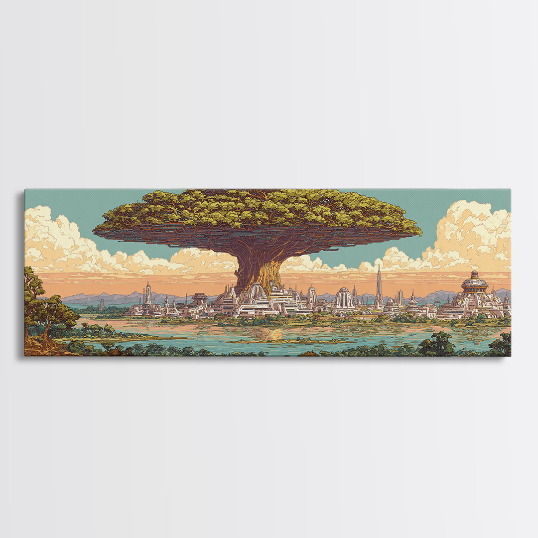 Floating Baobab Over African Lagoon Canvas Print, Fantasy Afrocentric Landscape, Serengeti Wall Decor, Nature Gift, Housewarming Gift