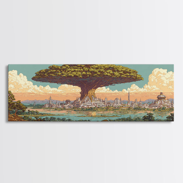 Floating Baobab Over African Lagoon Canvas Print, Fantasy Afrocentric Landscape, Serengeti Wall Decor, Nature Gift, Housewarming Gift