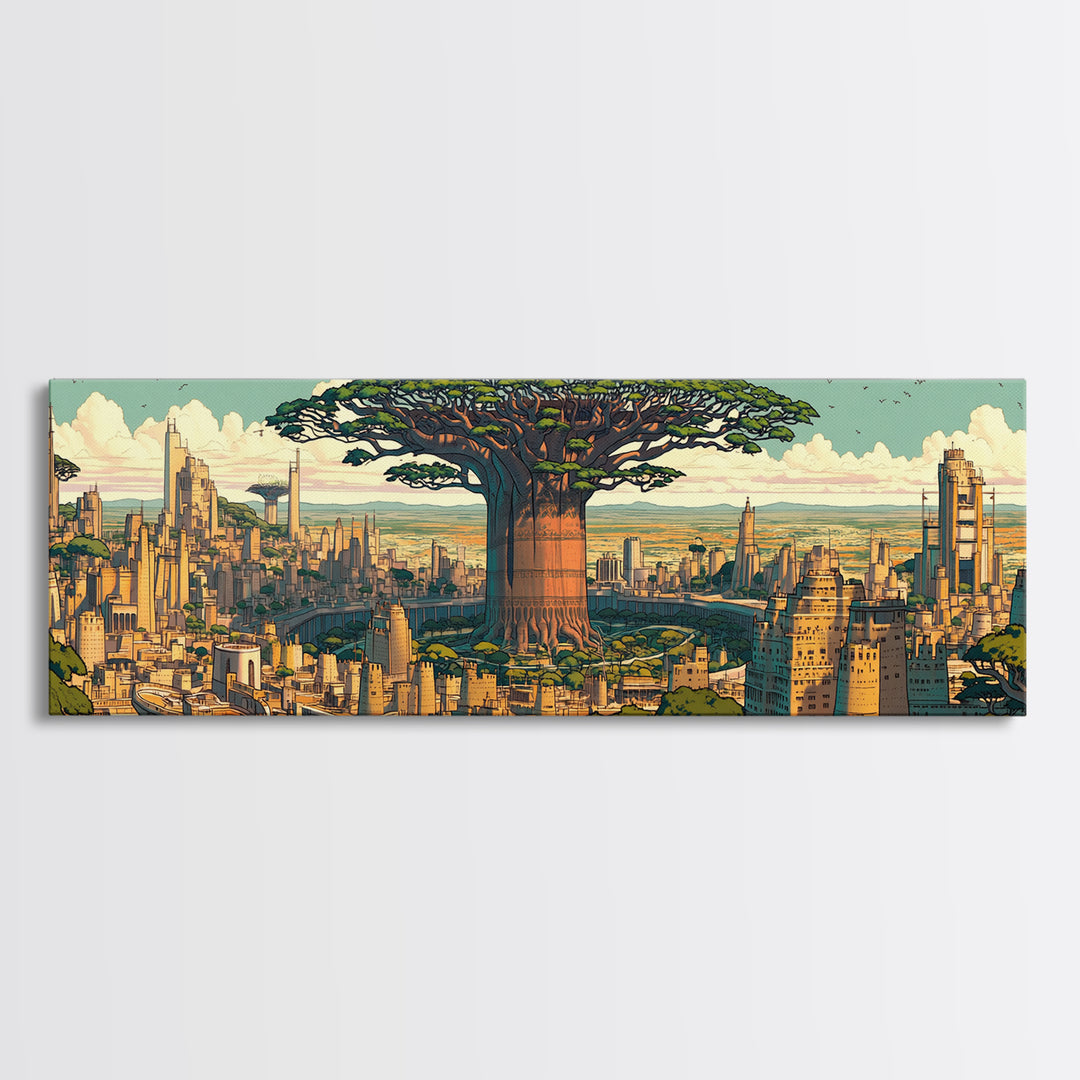Colossal Baobab In Golden Futuristic City Framed Canvas Print, African Wall Art, Modern Afrocentric Office Decor, Large Statement Piece