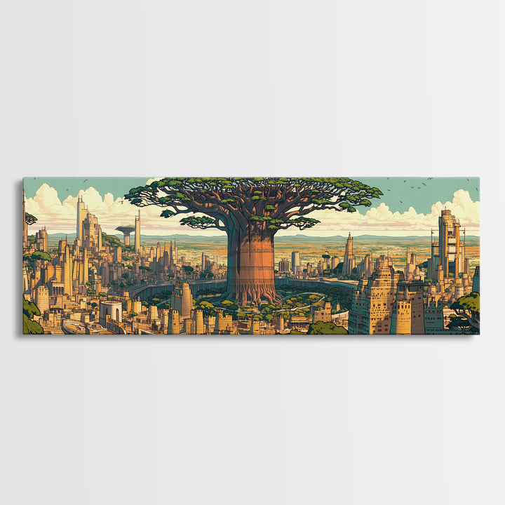 Colossal Baobab In Golden Futuristic City Framed Canvas Print, African Wall Art, Modern Afrocentric Office Decor, Large Statement Piece
