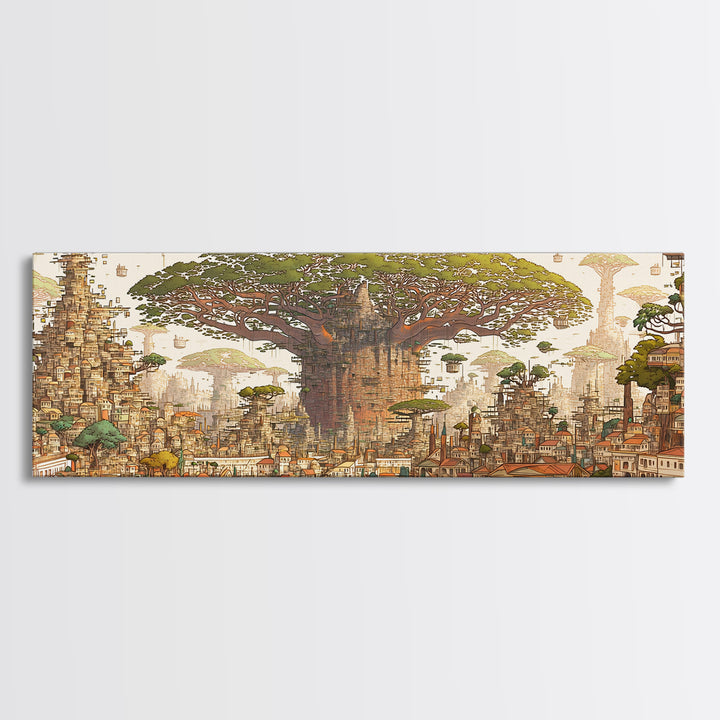 Ancient Baobab Rising Through African City Wall Art, Sepia Fantasy Landscape, Cultural Home Decor, Panoramic Print, Gallery Wall Decor