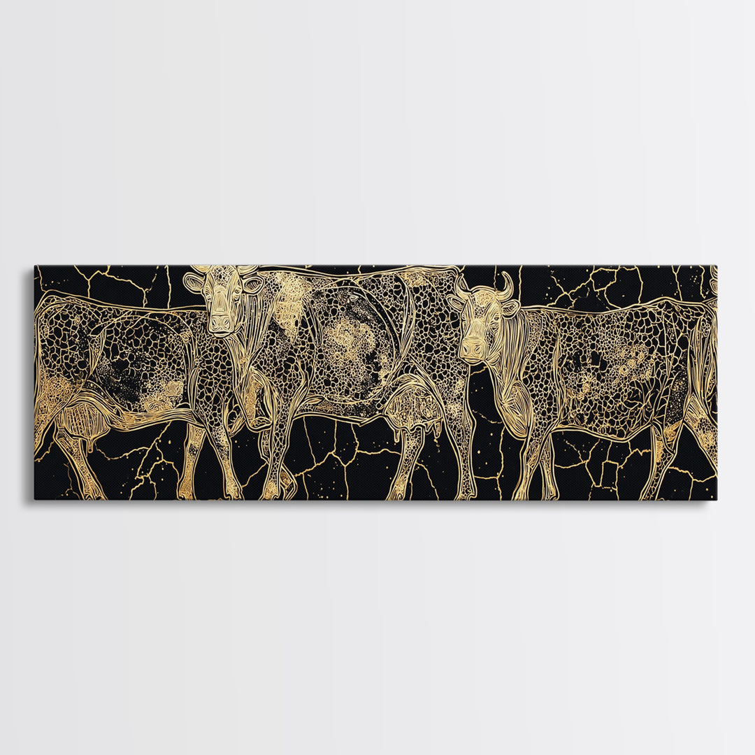 Gold Engraved African Cattle Herd Canvas Print, Black And Gold Safari Animal Art, Rustic Farmhouse Wall Decor Gift For Him